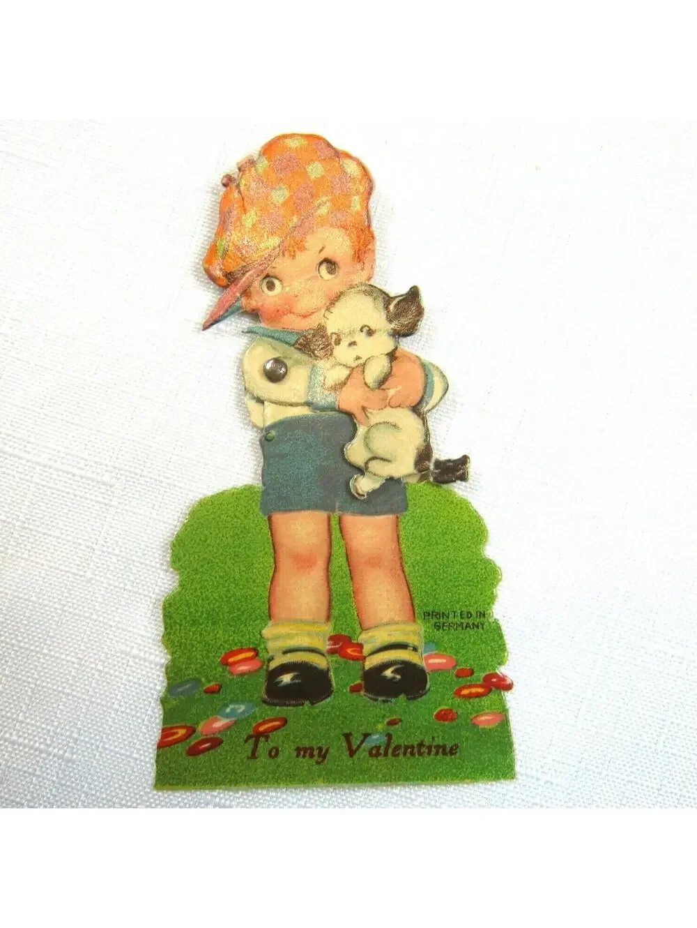 Vintage Valentine Card Mechanical Boy Puppy Dog Moving Eyes Arms Germany 20s-30s